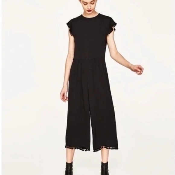 Zara black pompom cropped jumpsuit - Picture 2 of 7